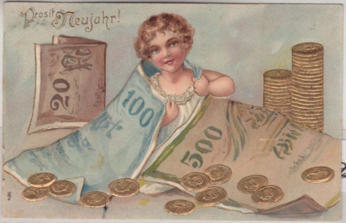 Glückwunsch - Neujahr Kind m. Geld-Bettdecke Prägekarte gelaufen Garching 1910
