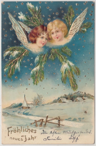 Glückwunsch - Neujahr Engelsköpfe m. Winterlandschaft Prägekarte Aubing 1903