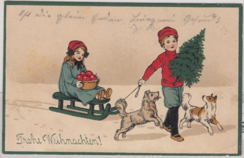 Glückwunsch - Weihnachten Kinder m. Schlitten u. Hunde Prägekarte München 1914