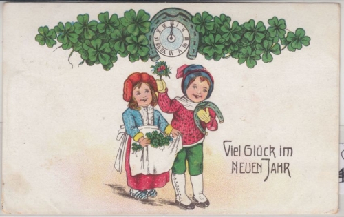 Glückwunsch - Neujahr Kinder Hufeisen Uhr Prägekarte gelaufen Grafing 1914