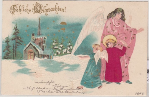 Glückwunsch - Weihnachten Engel mit Kirche, Prägekarte m. Textilauflage 1901
