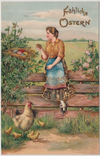 Glückwunsch - Ostern Mädchen mit Hühnern Prägekarte Grafing 1907