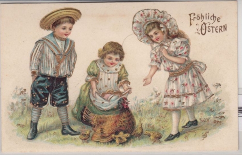 Glückwunsch - Ostern Kinder mit Hühnern Prägekarte Assling 1907