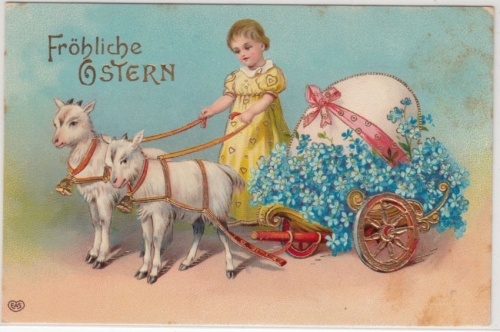 Glückwunsch - Ostern Mädchen mit Ziegengespann Prägekarte Haar 1909