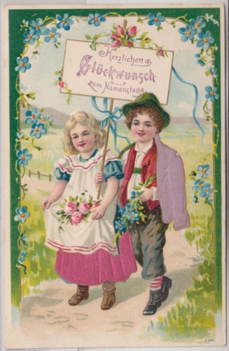 Glückwunsch - Namenstag Kinderpaar Prägekarte mit Textilauflage Grafing 1907