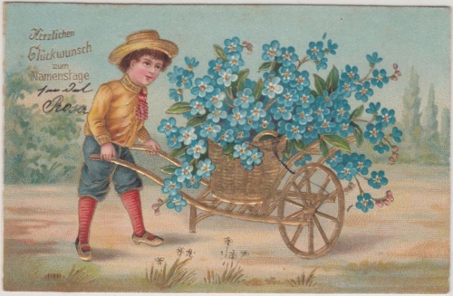 Glückwunsch - Namenstag Kinder mit Schubkarre (Blumen) Prägekarte München 1906
