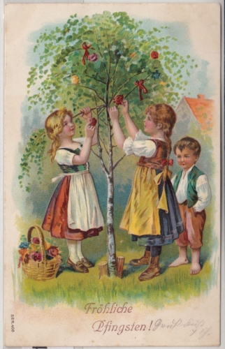 Glückwunsch - Pfingsten Kindergruppe mit Bäumchen Prägekarte Grafing 1906