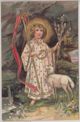 Glückwunsch - Ostern Engel mit Osterlamm Prägekarte gelaufen Weilheim 1907
