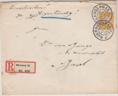 Bayern - 40 Pfg. Wappen, Einschreibebrief i.d. SCHWEIZ Nürnberg 15 - Basel 1908