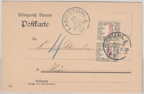 Bayern - 2 Pfg. Portomarke, Paar a. Ortskarte Landstuhl 1906