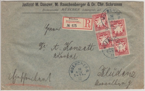 Bayern - 4x10 Pfg. Wappen, Einschreibebrief n. ÖSTERREICH, München 6, 1902 n.