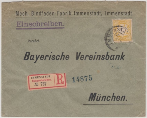 Bayern - 40 Pfg. Wappen, Einschreibebrief (2. Gew.st.) Immenstadt - München 1905