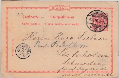 DR - 10 Pfg. K/A GA-Karte n. SCHWEDEN, Hamburg 3 - Stockholm/POTLAGERND 1899