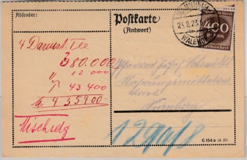 DR-Infla - 400 M. Ziffer, Karte Mannheim-Waldhof - Nürnberg 23.8.23