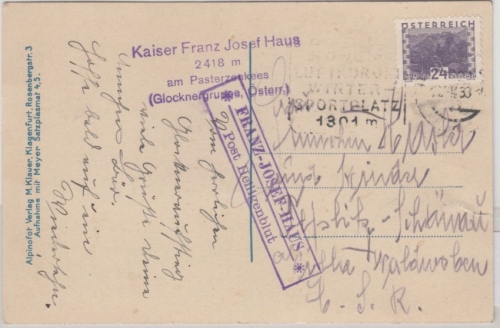Österreich - Franz-Josef-Haus Post Heiligenblut, Postablage-Ra2 a. Karte 1933