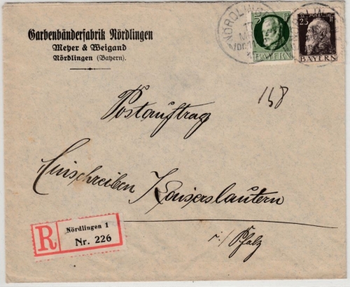 Bayern - 25+5 Pfg. Luitpold/Ludwig, Einschreibebrief Nördlingen - Kaiserslautern