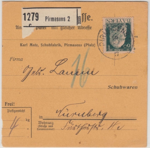 Bayern - 60 Pfg. Luitpold, Paketkarte Pirmasens - Nürnberg 1917