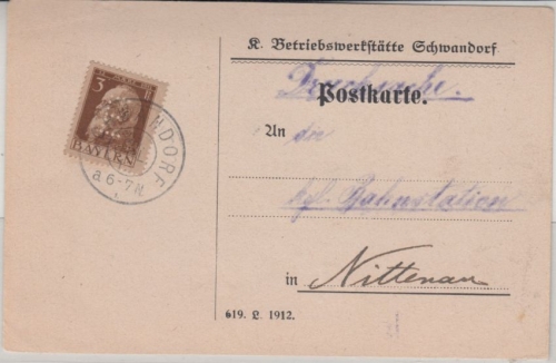 Bayern - 3 Pfg. Luitpold/E-Lochung, Drucksachenkarte Schwandorf - Nittenau 1913