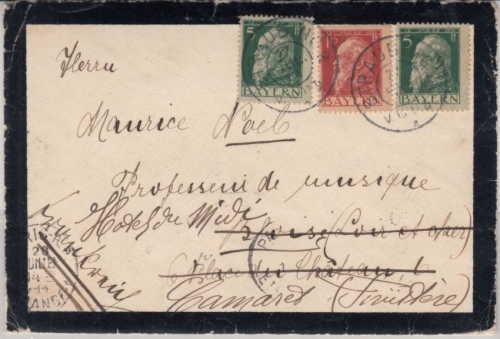 Bayern -2x5+ 10 Pfg. Luitpold, Trauerbrief n. FRANKREICH, Straubing - Blois 1911