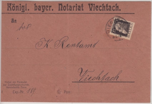 Bayern - 25 Pfg. Luitpold Orts-Zustellurkunde Viechtach 1911