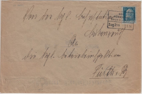 Bayern - 20 Pfg.Luitpold/E-Lochung, Dienstbrief Bahnpost Hof - Nürnberg Zug 214