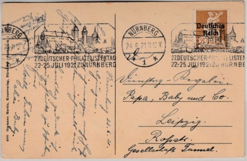 DR-Infla - 40 Pfg. By-Abschied/DR Karte Masch-SST Nürnberg Philatelistentag 1921