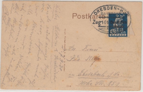 DR-Infla - 30 Pfg. By-Abschied/DR Karte Bahnpost Dresden-Hof Zug 101 1920 Hof n.