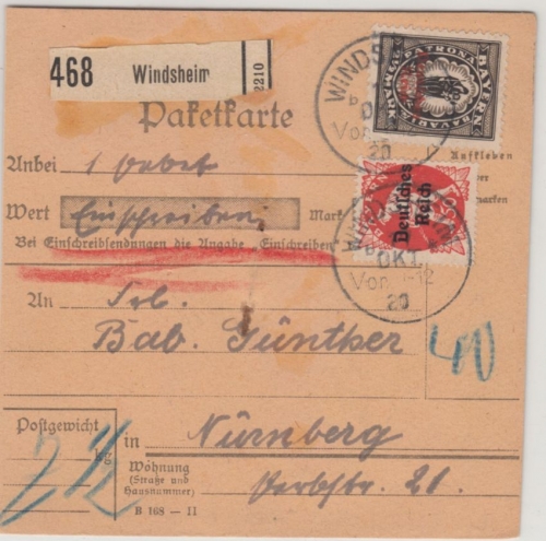 DR-Infla - 2 1/2 M. By-Abschied/DR u.a. Einschreibe-Paketkarte Windsheim 1920 n.