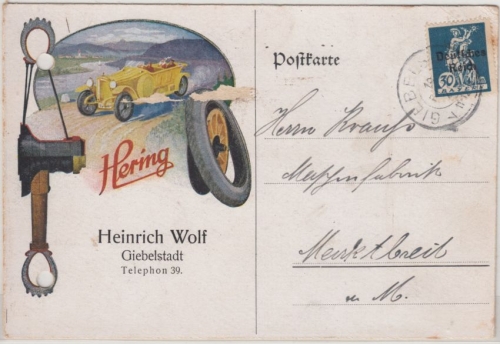 DR - Hering Kfz-Reifen, farb. illustr. Firmenkarte Giebelstadt - Marktbreit 1921