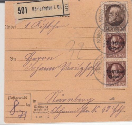 Bayern - 1 M. Ludwig u.a., Paketkarte Königshofen i.Gr. - Nürnberg 1920