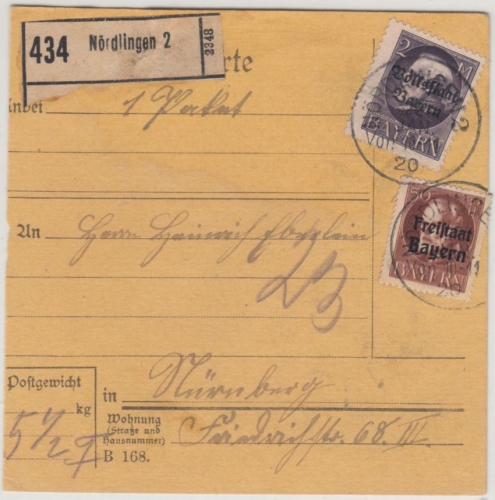 Bayern - 2 M. Ludwig/Volksstaat u.a., Paketkarte Nördlingen 2 - Nürnberg 1920