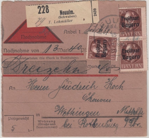 Bayern - 3x50 Pfg. Ludwig/Freistaat, Nachnahme-Paketkarte Neuulm 15.2.20 n.