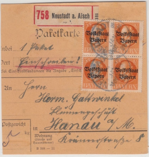 Bayern - 35 Pfg. Ludwig/Volksstaat, 4er-Block u.a., Einschreibe-Paketkarte 1920