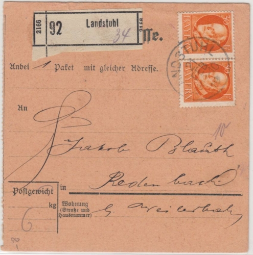 Bayern - 2x30 Pfg. Ludwig, Paketkarte Landstuhl - Rodenbach 1919