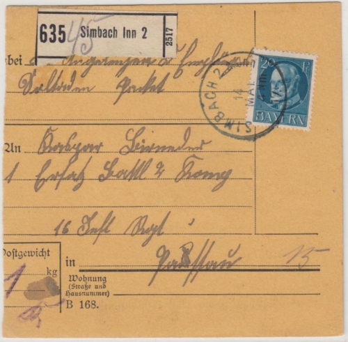Bayern - 20 Pfg. Ludwig Soldaten-Paketkarte/Sondertarif Simbach 2 - Passau 1917