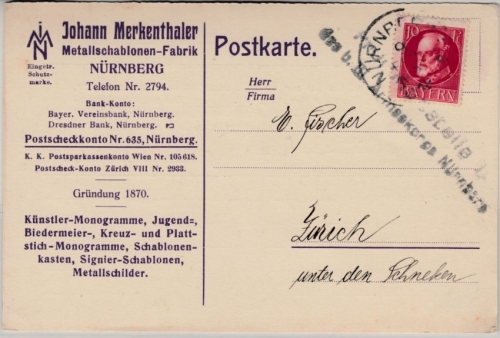 Bayern - Prüfungsstelle II d.b.III.. Armeekorps Nürnberg, Zensur-L2 a. Karte