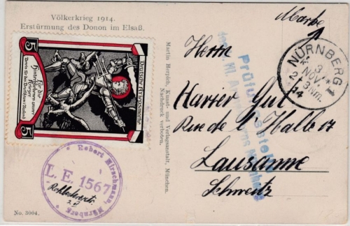 Bayern - Zensur-L2 III.AK Nürnberg a. Drucksache i.d. SCHWEIZ Nürnberg 1914 n.