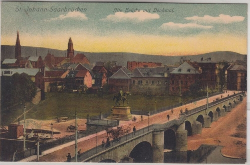 Saarland - Saarbrücken St. Johann alte Brücke m. Denkmal, farb. AK gelaufen 1906