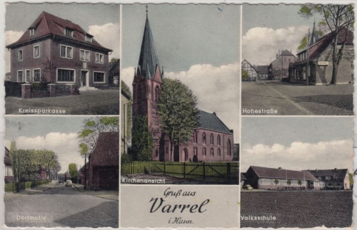 Niedersachsen - Varrel, farb. Mehrbild-Fotokarte (Bank, Schule etc.), 1959