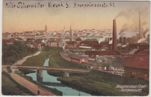 Saarland - Neunkirchen Gesamtansicht farb. AK gelaufen 1927