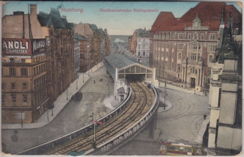 Hamburg - Hamburg-Altstadt, Hochbahnstrecke m. Rödingsmarkt farb. AK 1912
