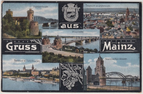Rheinland-Pfalz - Mainz farb. Mehrbild-Gruss-Karte gelaufen Bodenheim 1915