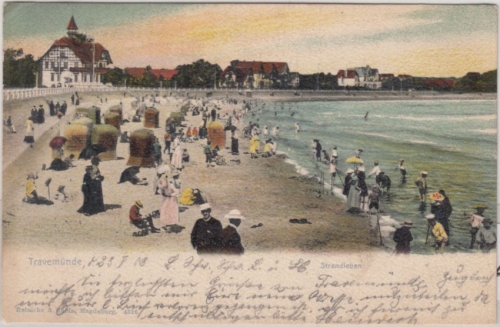 Schleswig-Holstein - Travemünde (Lübeck) Strandleben, farb. AK gelaufen 1903