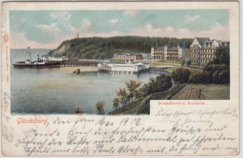 Schleswig-Holstein - Glücksburg Strandhotel u. Kurhaus, farb. AK gelaufen 1902