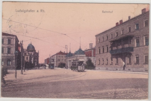 Rheinland-Pfalz - Ludwigshafen a.Rh. bahnhof, farb. AK gelaufen 1911