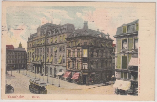 Baden-Württemberg - Mannheim Börse, farb. AK gelaufen 1911