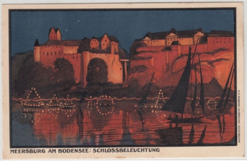 Baden-Württemberg - Meersburg a. Bodensee Schlossbeleuchtung, farb. Künstler-AK