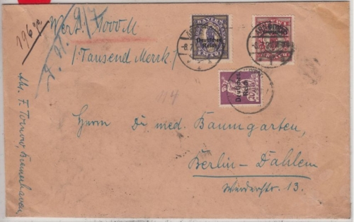 DR-Infla - 2 M. Pfg. By-Abschied/DR u.a., Wertbrief Arnstadt - Berlin 1921