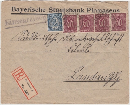 DR-Infla - 4x60 Pfg. Ziffer u.a. Dienst-Einschreibebrief Pirmasens - Landau 1922