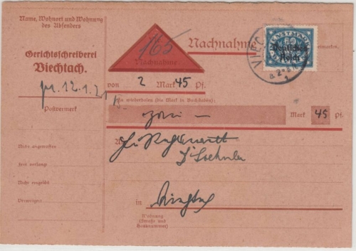 DR-Infla - 80 Pfg. By-Abschied/DR, Orts-Nachnahmekarte 1921